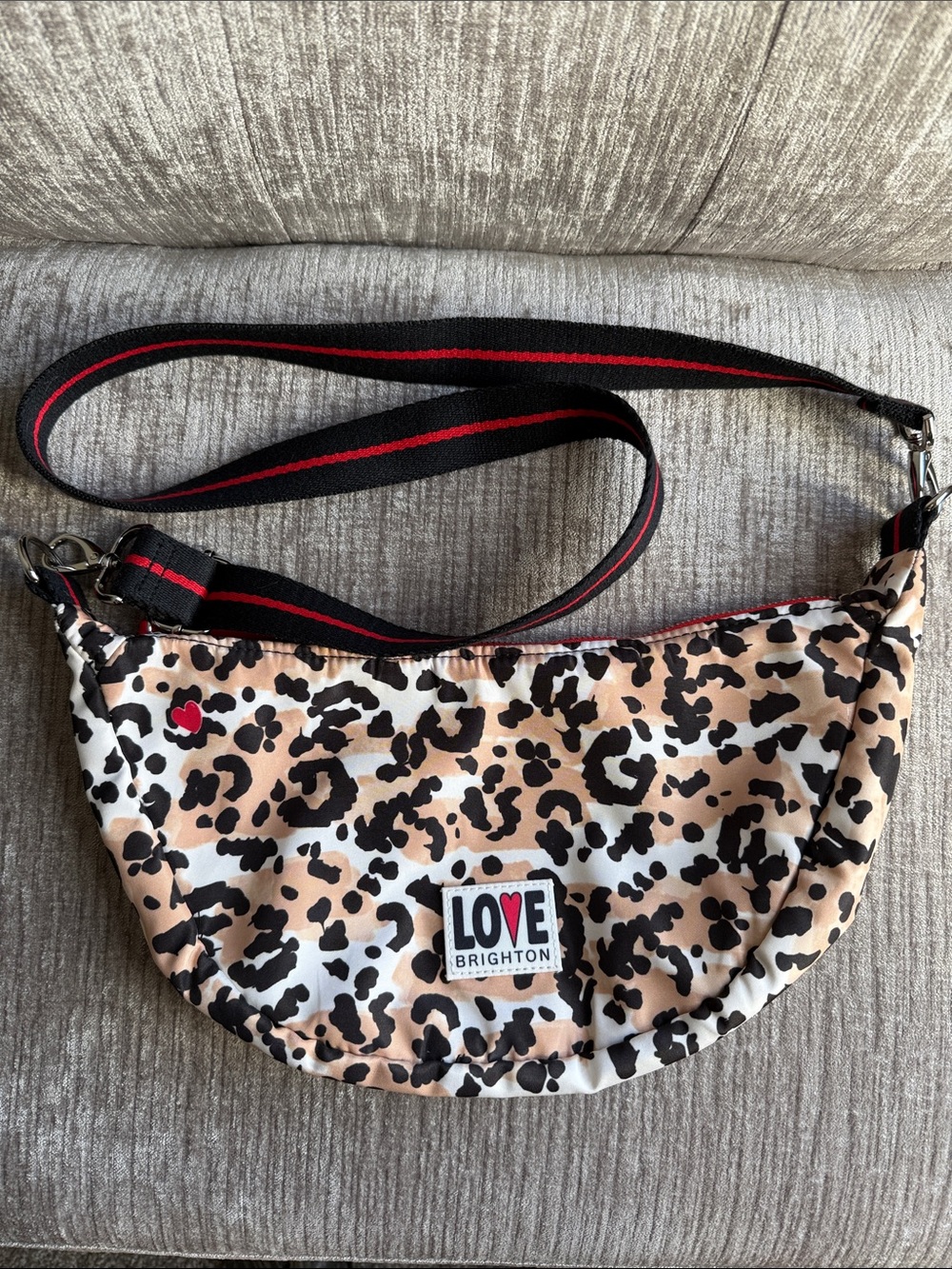 Brighton LOVE Leopard Print Crossbody Bag with Black and Red Strap